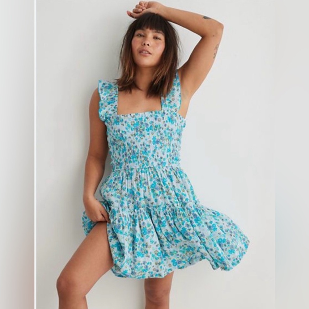 Aerie Spring Fling Blue and Green Floral Dress - size XS - like new condition